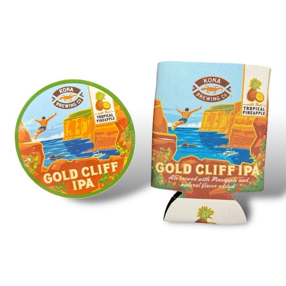 Kona Brewing Gold Cliff IPA Beer Sticker, Koozie Set Pineapple Tropical Hawaiian